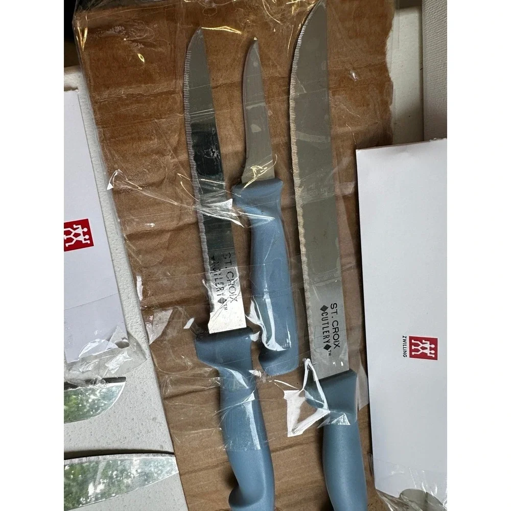 Set of 7 vintage St. Croix Cutlery kitchen knives knife blue handles